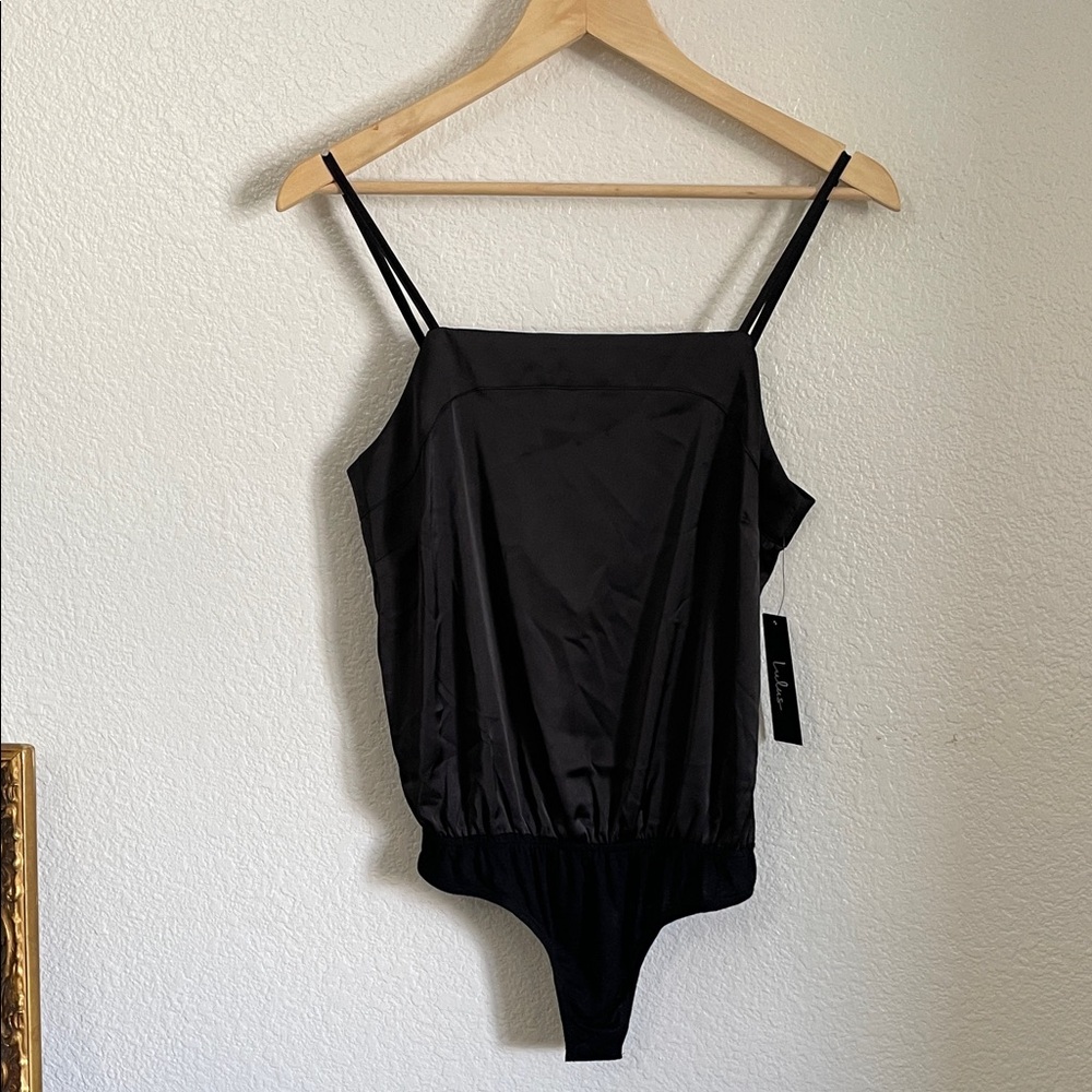 NWT Lulu's Satin Black Square Neckline Cami Tank Bodysuit Small AB3027